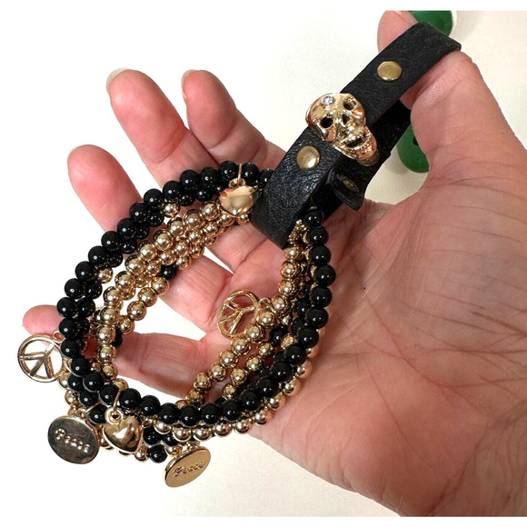 NWOT Macy's Black & Gold Multilayer Skull Heart Peace Bead Leather Wrap Bracelet - Picture 1 of 9